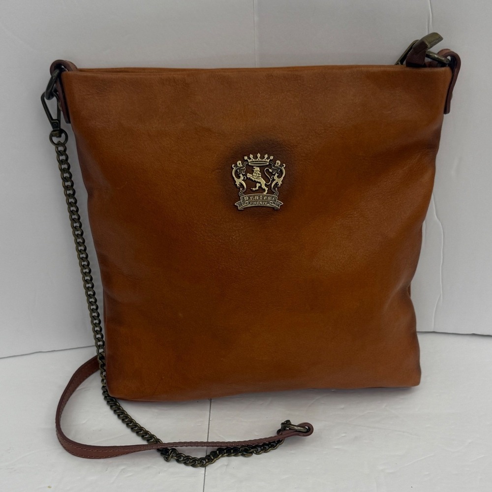Pratesi Firenze Crossbody Bag Medium Cognac Italian Leather Crest Chain Strap - Picture 2 of 10